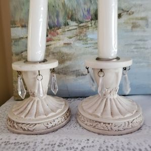 2 off/white rustic candlestick holders w crystals